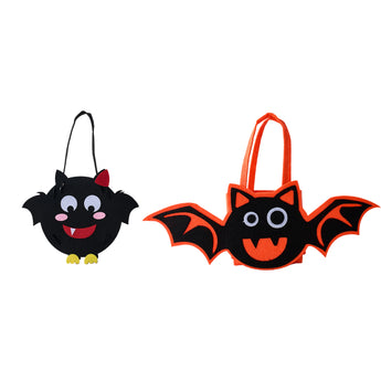Bat and cat felt tote bag set, black bat and orange cat faces with handles