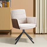 Adjustable accent chair with beige linen seat, brown arm panels, black tripod legs