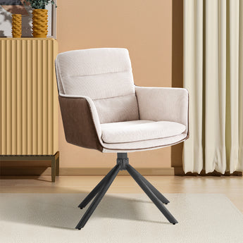 Adjustable accent chair with beige linen seat, brown arm panels, black tripod legs