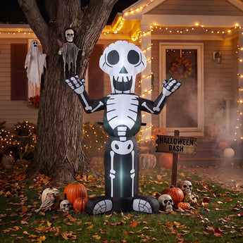 Inflatable black-and-white cartoon skeleton Halloween decoration with raised arms