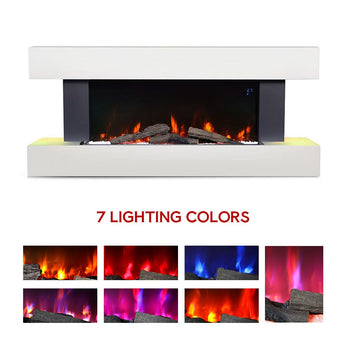 White electric fireplace mantel with blue display and multi-color flame lighting
