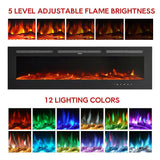 Wall-mounted electric fireplace with flame window, control buttons, and colored lighting