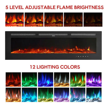 Wall-mounted electric fireplace with flame window, control buttons, and colored lighting