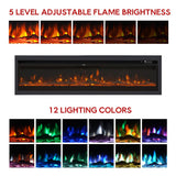 Black electric wall fireplace with ember bed, adjustable bright multi-color flames