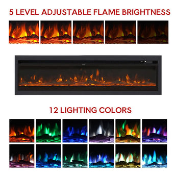 Black electric wall fireplace with ember bed, adjustable bright multi-color flames