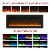 Recessed electric fireplace with black frame and adjustable flame brightness, flame view