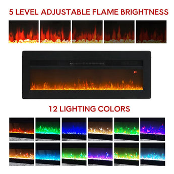 Recessed electric fireplace with black frame and adjustable flame brightness, flame view
