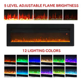 Black electric fireplace insert with tempered glass and bright orange LED flame