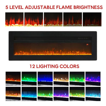 Black electric fireplace insert with tempered glass and bright orange LED flame