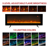 Wall-mounted electric fireplace heater with tempered glass front and orange LED flames