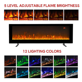 Wall-mounted electric fireplace heater with tempered glass front and orange LED flames