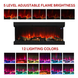 Black wall-mounted electric fireplace with glowing orange flames and faux logs, three-sided view