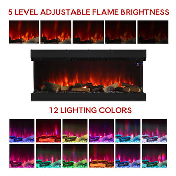 Black wall-mounted electric fireplace with glowing orange flames and faux logs, three-sided view