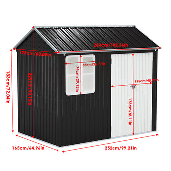 8x5ft tool shed with double doors, black steel panels and white windowed door