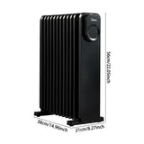 Black oil-filled radiator with 11 fins, round control dial, and four caster feet