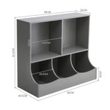 Grey toy and book storage cabinet dimensions: 94cm wide, 81.5cm high, curved lower bins