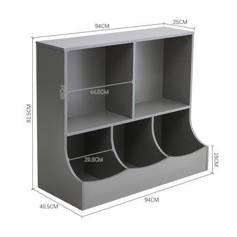 Grey toy and book storage cabinet dimensions: 94cm wide, 81.5cm high, curved lower bins