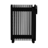 Black 11-fin oil-filled radiator viewed from the back, with side panel and end wheels