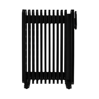 Black 11-fin oil-filled radiator viewed from the back, with side panel and end wheels