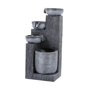 Outdoor solar water fountain decor, dark gray stacked bowls with flowing water.
