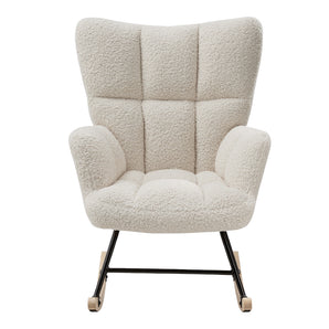 Tufted sherpa rocking chair with padded armrests, black metal legs, light wood rocking base