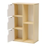 Wood storage cabinet with side shelves and three doors swung open