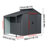 Metal garden storage shed with grey corrugated body and red dimension measurements overlay