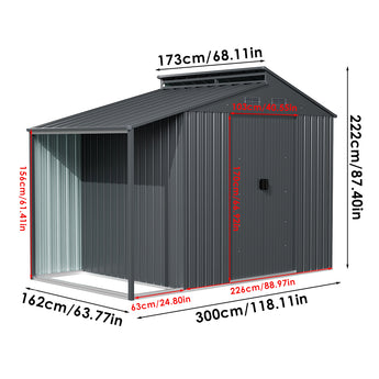 Metal garden storage shed with grey corrugated body and red dimension measurements overlay