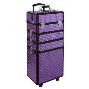76 cm makeup case, purple, quilted diamond pattern, stacked drawers with metal latches