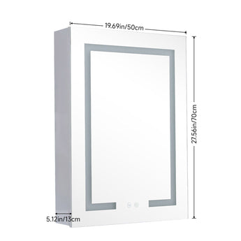 White LED mirror cabinet with anti-fog glass and touch control icons on the frame