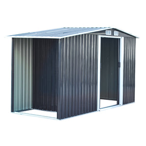 Metal garden storage shed with sliding door opening, ribbed panels and apex roof vents, dark