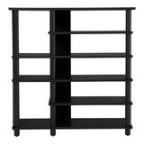 Black wooden shoe rack frame with four open shelves and sturdy side panels