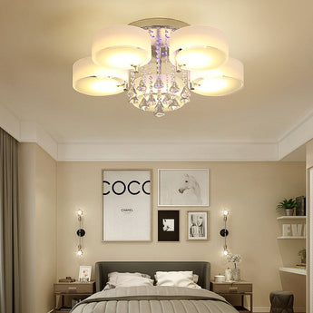 Ceiling light with four frosted acrylic shades and central chrome crystal cluster