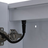 Inside view of LED mirror cabinet showing black power cord and mounting brackets