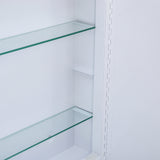 Interior of white bathroom mirror cabinet with two glass shelves and adjustable slots