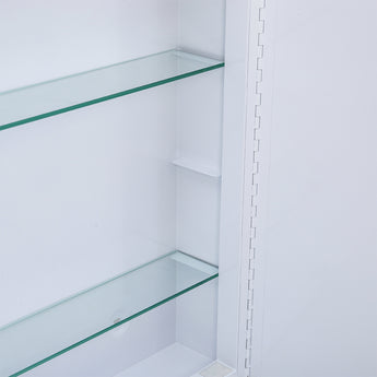 Interior of white bathroom mirror cabinet with two glass shelves and adjustable slots