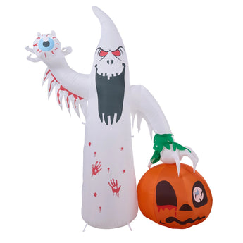 Hooded ghost cat decoration holding orange pumpkin bucket with jack-o'-lantern face
