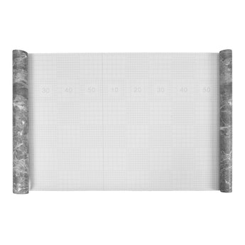 Marble-look vinyl flooring roll with white grid backing and stone-pattern edges