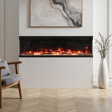 60-inch electric fireplace in wall opening, black frame with burning flame effect