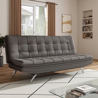 Dark grey linen sofa bed with tufted backrest and rolled seat, chrome legs