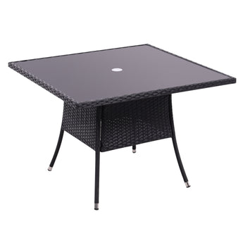 Black woven square outdoor table with center parasol hole and angled legs