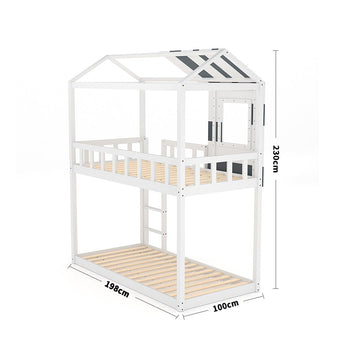 White twin bunk bed dimensions shown: 100cm wide, 195cm long, 230cm height