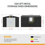 Metal storage shed dimensions diagram showing door and window opening measurements
