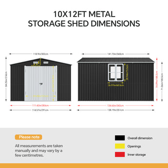 Metal storage shed dimensions diagram showing door and window opening measurements