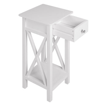 White wooden slim side table with drawer and lower shelf, side angle view