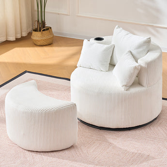 White corduroy swivel accent chair with cushioned backrests, cup holder, and footstool