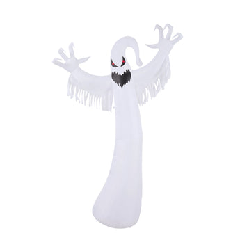 White inflatable ghost figure with raised arms, red eyes, and black jagged mouth