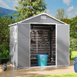 Gray plastic storage shed with double doors open, apex roof and roof vent
