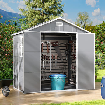 Gray plastic storage shed with double doors open, apex roof and roof vent