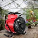Electric forced air patio heater, red cylinder with front heat fan grill